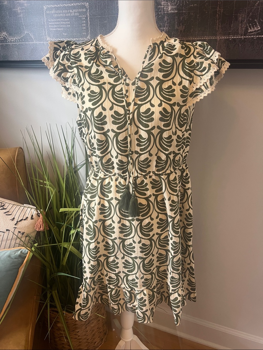 Green and Cream Printed Mini Dress with Tassel Tie